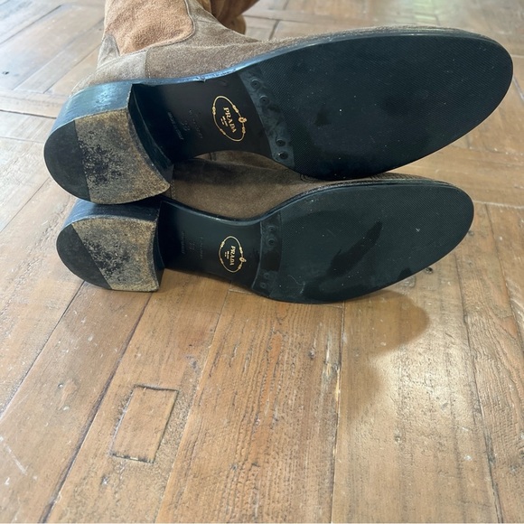 Prada Vintage Chestnut Tall Riding Boots Eu 38 US 7.5 Suede Embossed Block Heel - Picture 13 of 14